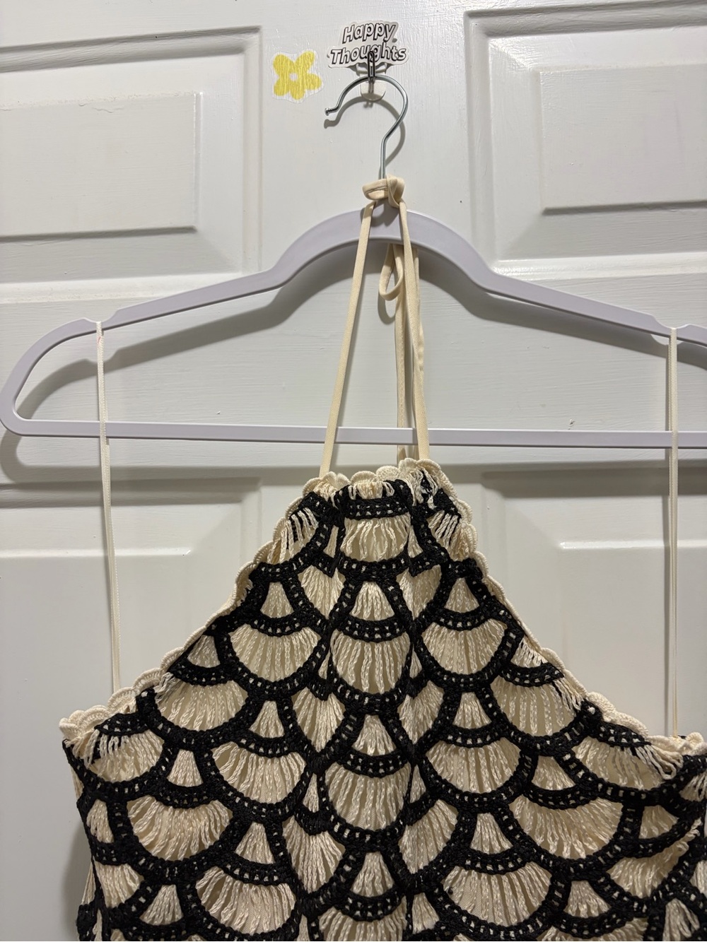 Fore Cream and Black Scalloped Crochet Halter Dress Sz L - Picture 3 of 6